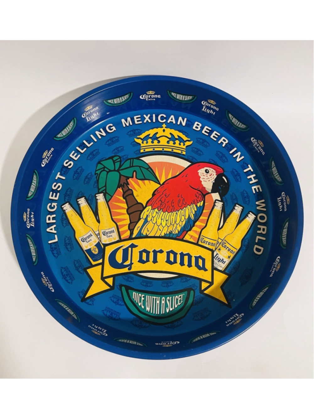 Vintage Corona Extra Light 14” Large Serving Tray Metal Parrot Round Tropical